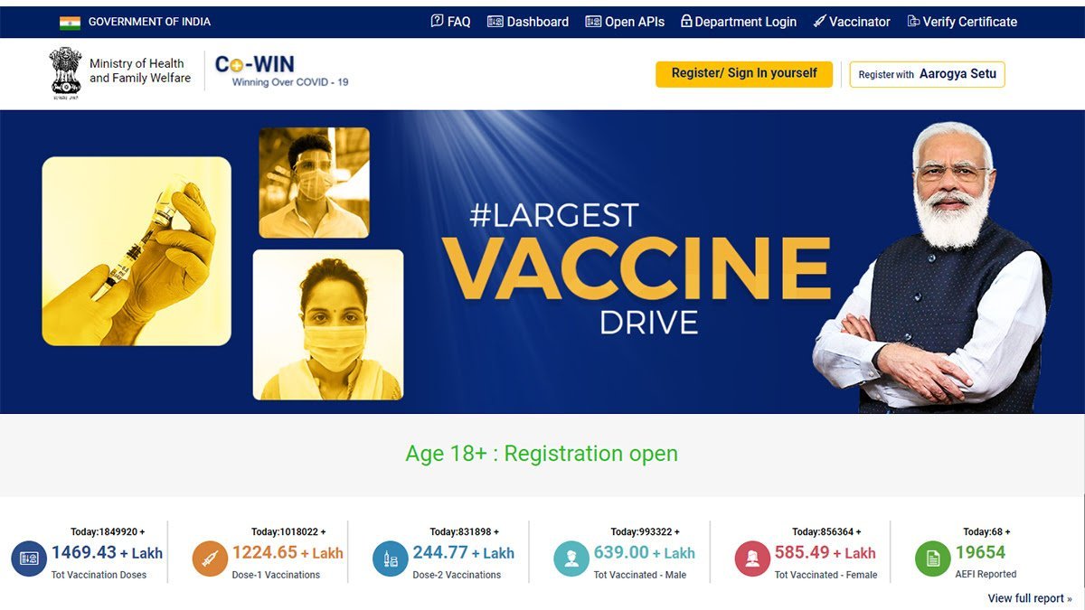 Co-Win portal registers 1 Crore plus individuals in One Day