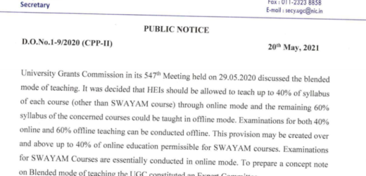 UGC public notice on BLENDED Teaching – Learning Mode in universities; suggests 40% Online Teaching