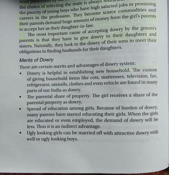 Sociology textbook of a Nursing College states the ‘MERITS’ of dowry